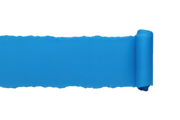 Blue ripped torn paper revealing copy space, horizontal scrolled element showing blank area, transparent background