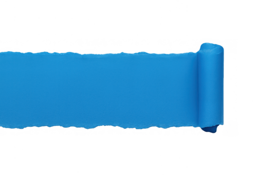 Blue ripped torn paper revealing copy space, horizontal scrolled element showing blank area, transparent background