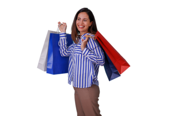 Woman enjoying shopping experience, carrying colorful bags, feeling happy and satisfied with purchases
