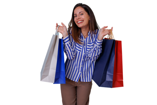 Happy woman holding colorful shopping bags after successful shopping spree, expressing joy and satisfaction, transparent background