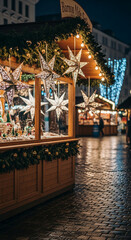 Obraz premium Illuminated wooden stall decorated with pine garland and hanging star ornaments, representing a festive holiday market scene, perfect for Christmas concepts