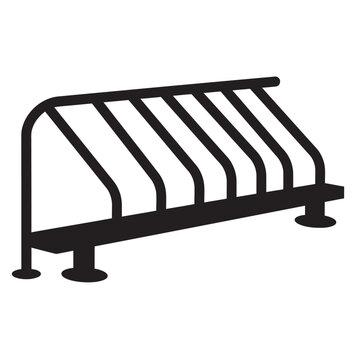 Set of black silhouette icons featuring various modern public bicycle parking racks and stands, representing urban infrastructure, cycling facilities, sustainability, and eco-friendly transportation