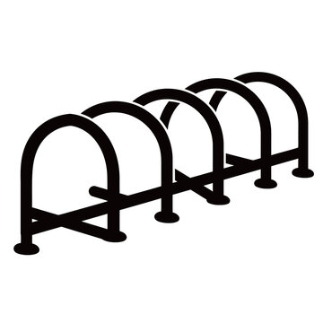 Set of black silhouette icons featuring various modern public bicycle parking racks and stands, representing urban infrastructure, cycling facilities, sustainability, and eco-friendly transportation
