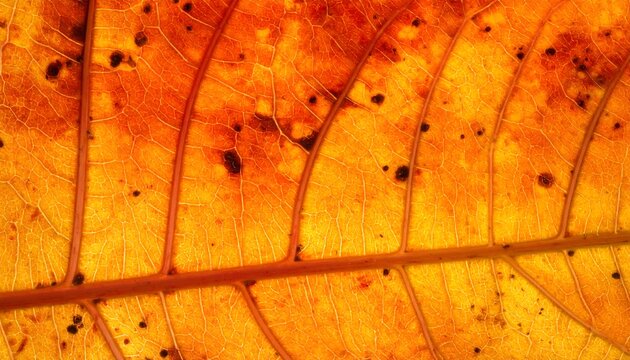 Golden autumn leaf shows intricate veins and spots.