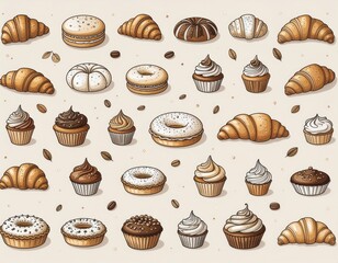Elegant bakery branding elements, hand-drawn pastry illustrations, warm neutral colors, clean vector style.