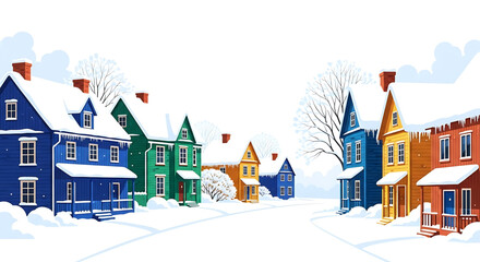 Colorful Winter Houses Illustration with Snow, Charming and Delightful Ambiance
