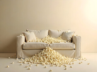 Overflowing popcorn on beige sofa in minimalist room