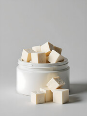 Tofu cheese cubes in white container on gray background