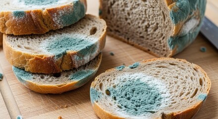 Moldy bread slices on wooden cutting board in kitchen environment  