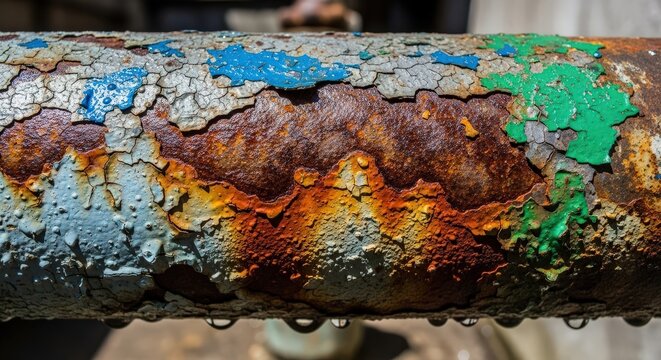 Rusty metal pipe with peeling paint and water droplets close-up