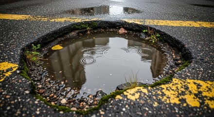 Pothole with water and weeds on urban street during rainy weather  