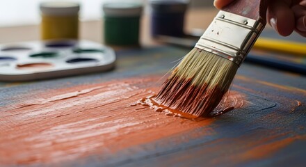 Creative Painting Process Brush Applying Orange Paint to Canvas