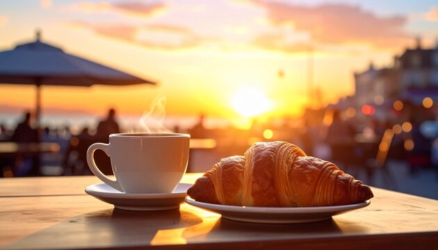 Cafe Coffee Croissant Sunset.