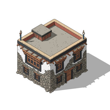 Isometric illustration of traditional tibetan building with architectural features