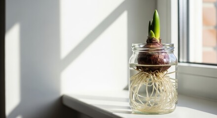 Plant bulb with roots growing in jar on windowsill with sunlight  