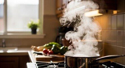 Pot on stove releasing steam in a bright kitchen with vegetables  