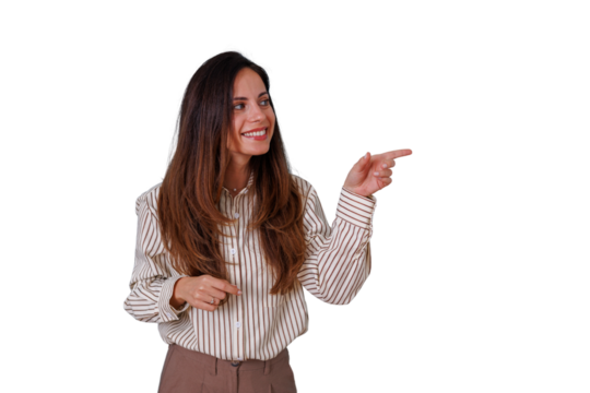 Elegant business woman smiling and pointing finger offering information, presenting ideas, or indicating direction