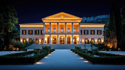 Fototapeta premium Illuminated Villa Feltrinelli A Nighttime Architectural Masterpiece on Lake Garda.