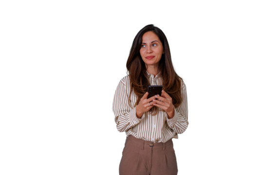 Young businesswoman with long hair using her mobile phone, interacting with technology and communication. Transparent background