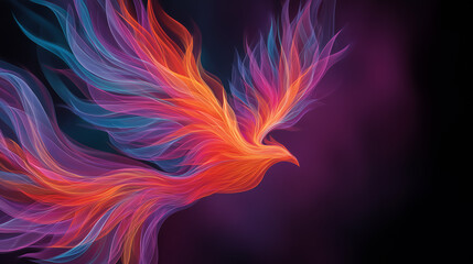 Colorful phoenix illustration with flowing feathers on dark background
