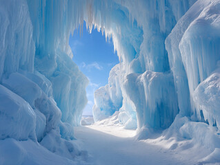 Ice cave with icicles and blue sky in winter landscape