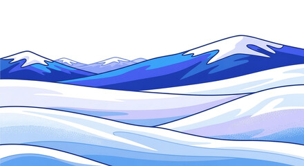 Serene winter landscape features snow capped mountains and rolling hills.