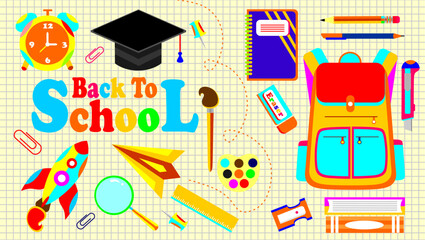Back to school banner. Library themed set elements. School stationery stickers. Set of education elements. Collection of education school icons. Back to school clipart. Paper notebook background.