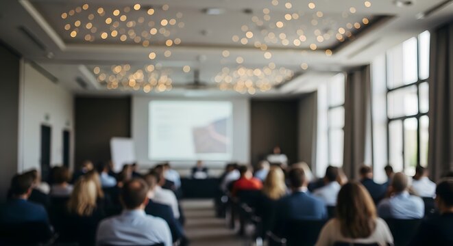 Blurred conference hall with attentive audience listening to a business presentation, modern interior.