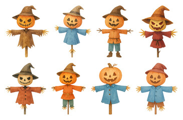 PNG Whimsical scarecrow illustrations for Halloween, element set on transparent background