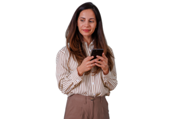 Woman handling smartphone, texting and browsing social media, connecting online, enjoying mobile communication