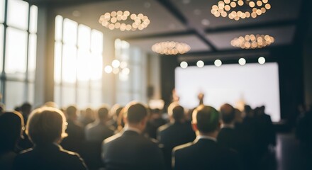 Blurred conference attendees listening intently to a speaker in a bright, modern ballroom.