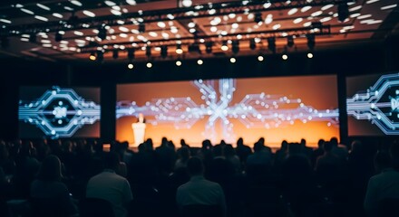 Silhouetted audience at a tech conference with futuristic digital network display backdrop