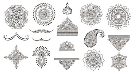 Intricate traditional mehndi henna design for Indian weddings and celebrations. Elegant floral, Paisley, and detailed geometric patterns. Premium vector art