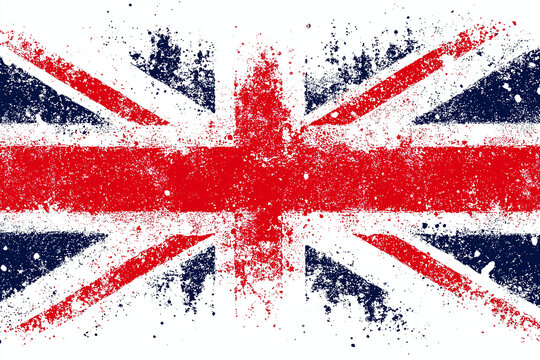 uk flag rtistic grunge watercolor representation of British Union Jack flag with splatter and distressed effect, creating contemporary patriotic art with textured blue, red, and white colors.