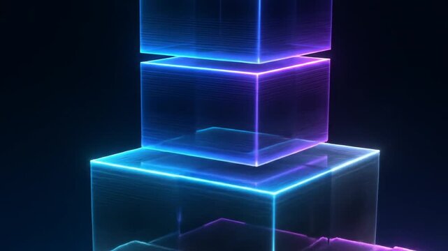 Futuristic abstract glowing neon cubes stack with blue and purple light, digital technology design background.