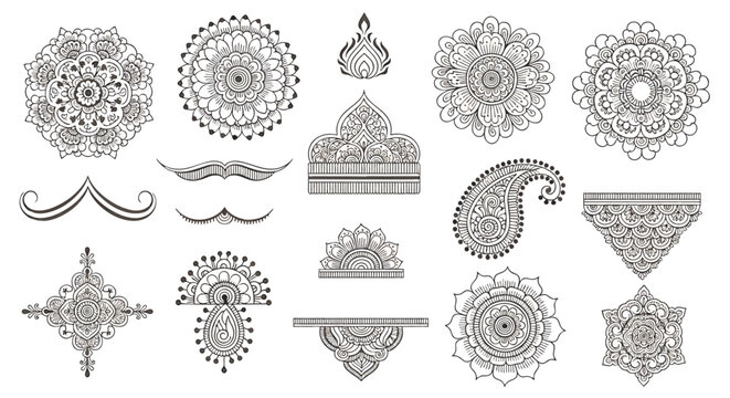 Intricate traditional mehndi henna design for Indian weddings and celebrations. Elegant floral, Paisley, and detailed geometric patterns. Premium vector art