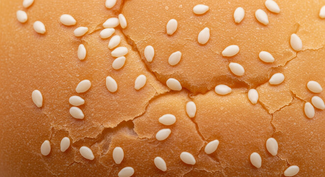 Extreme Macro Close-up of Golden Sesame Seed Hamburger Bun Surface.
An extremely tight, macro close-up photograph of the textured surface of a toasted hamburger bun - Powered by Adobe