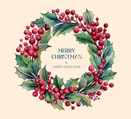 Beautifully Festive Christmas Wreath Featuring Holly, Berries, and Elegant Design Elements