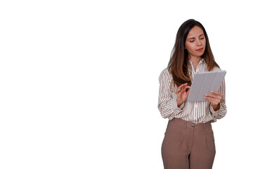 Businesswoman using digital tablet, tapping on screen, working remotely, browsing internet, transparent background