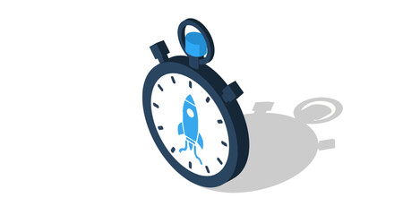 Isometric stopwatch with rocket design: blue theme for time management