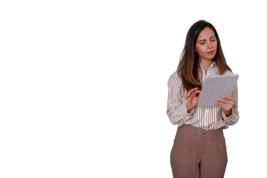 Businesswoman using digital tablet, tapping on screen, working remotely, browsing internet, transparent background