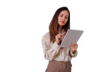 Woman concentrating on a tablet, browsing, thinking about a problem or new idea with technology