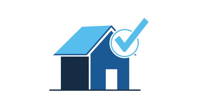 Blue house icon with check mark for real estate approval and home insp