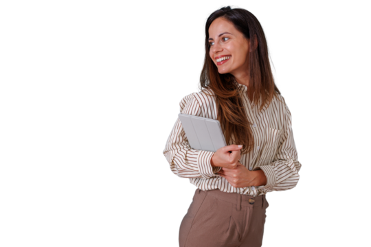 Professional businesswoman in striped shirt holding a digital tablet and smiling, looking away with transparent background