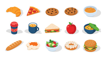 Isometric food collection featuring breakfast and snacks on a white ba