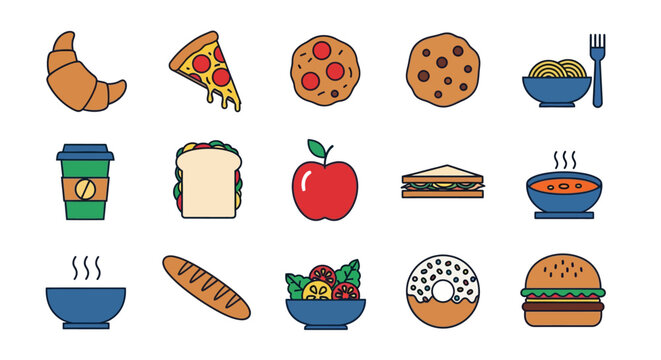 Colorful flat icons of popular foods and dishes for culinary design pr