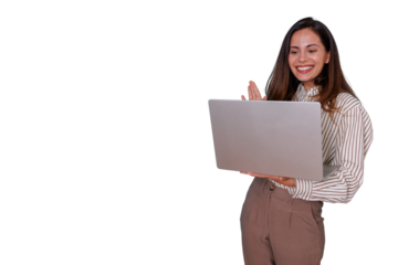 Woman engaging in a virtual meeting, holding a laptop. She is communicating and gesturing during an online video conference