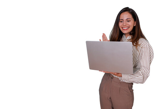 Woman engaging in a virtual meeting, holding a laptop. She is communicating and gesturing during an online video conference - Powered by Adobe