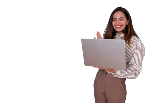 Woman engaging in a virtual meeting, holding a laptop. She is communicating and gesturing during an online video conference