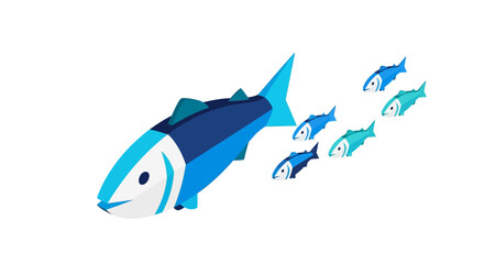 Blue isometric fish in motion with smaller companions on white backgro